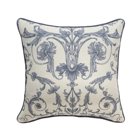 20" Ivory And Blue Damask Throw Pillow Cover
