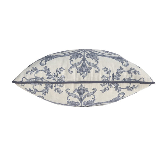 24" Blue And Ivory Damask Recycled Poly Linen Throw Pillow Cover