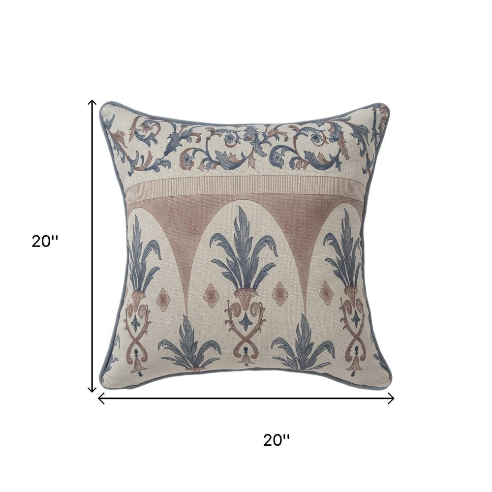20" Blue And Brown Damask Recycled Poly Linen Throw Pillow Cover