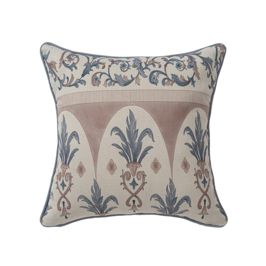 20" Blue And Brown Damask Recycled Poly Linen Throw Pillow Cover