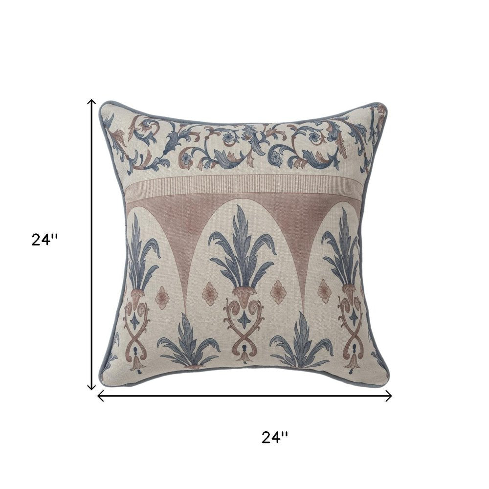 24" Blue And Brown Damask Recycled Poly Linen Throw Pillow Cover
