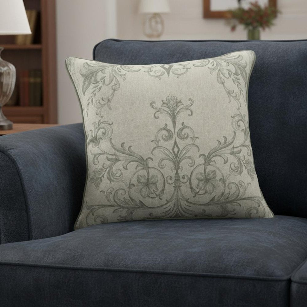 20" Ivory And Green Damask Recycled Poly Linen Throw Pillow Cover