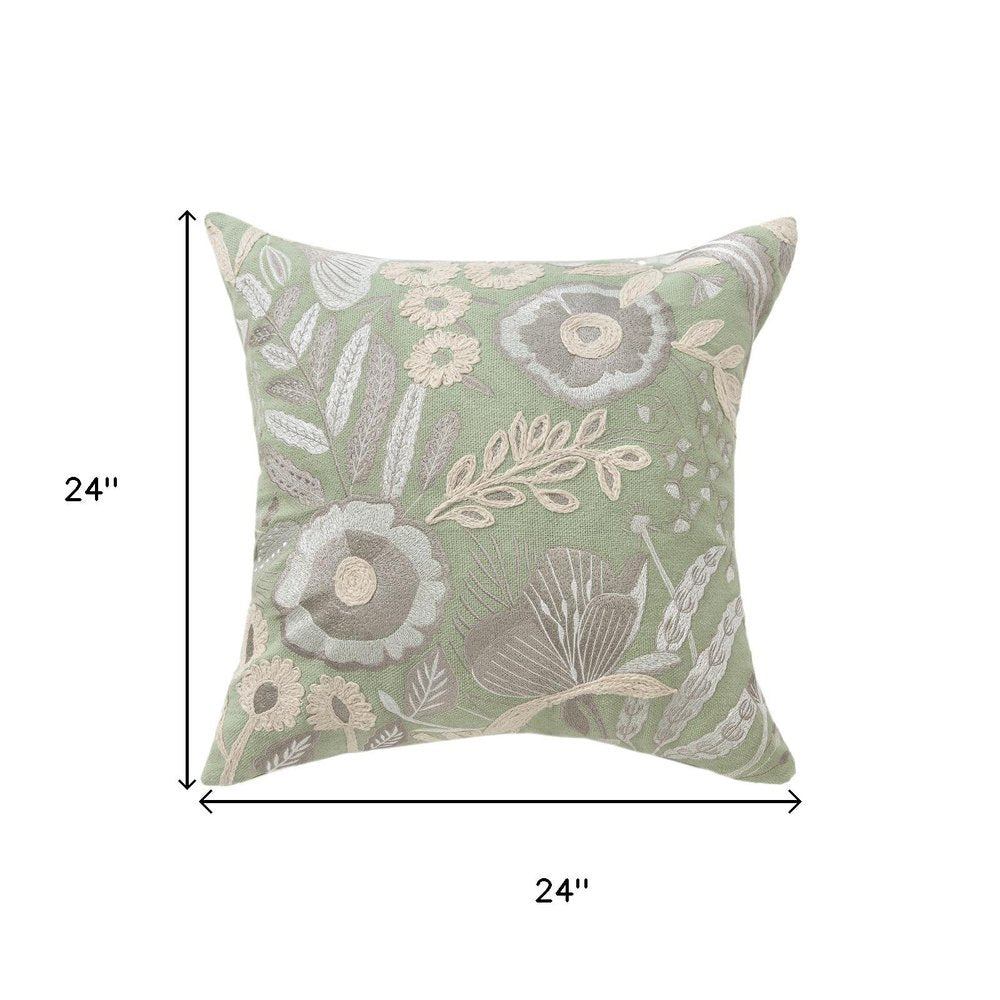 24" Green And Ivory Floral Cotton Throw Pillow Cover
