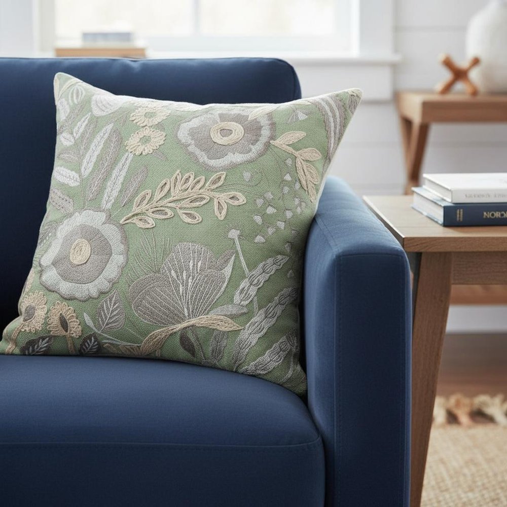 24" Green And Ivory Floral Cotton Throw Pillow Cover