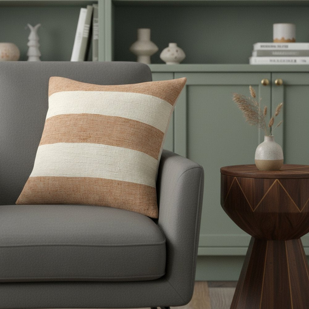 24" Rust And Ivory Striped Linen Blend Throw Pillow Cover