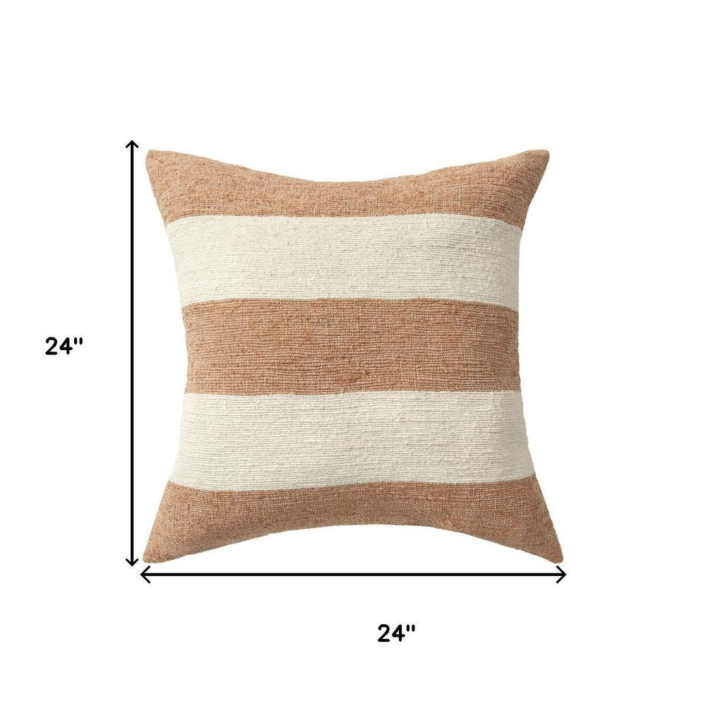 24" Rust And Ivory Striped Linen Blend Throw Pillow Cover