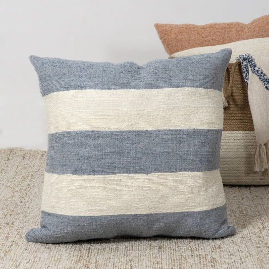 24" Blue And Ivory Striped Linen Blend Throw Pillow Cover