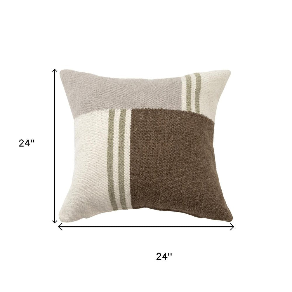24" Brown And Gray Geometric Wool Blend Throw Pillow Cover