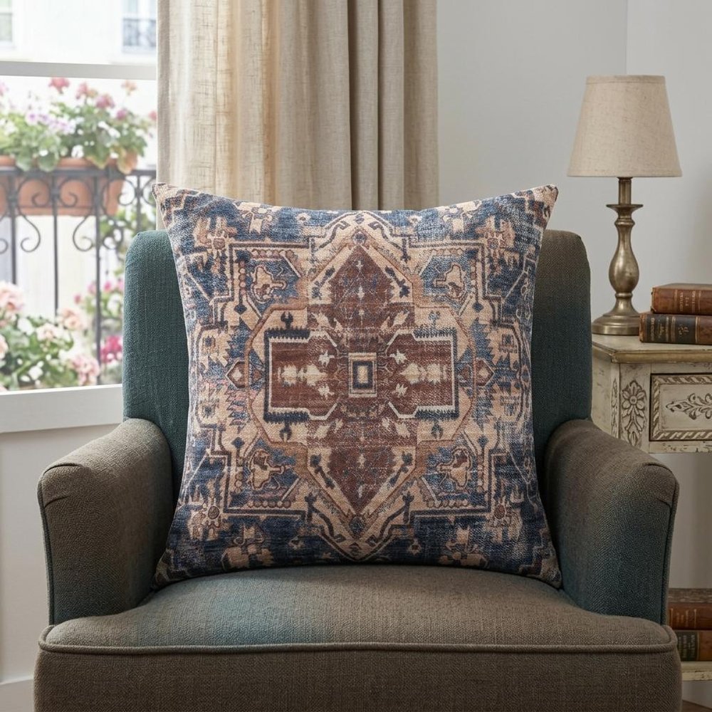 18" Navy Blue And Rust Medallion Throw Pillow Cover