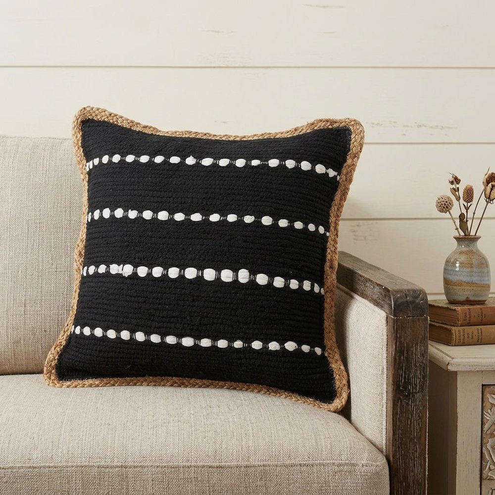 18" Black And White Beach Striped Cotton Blend Throw Pillow Cover with Embroidery And Texture