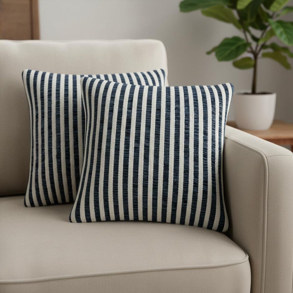 Set of Two 22" Blue And White Striped Cotton Throw Pillow Covers