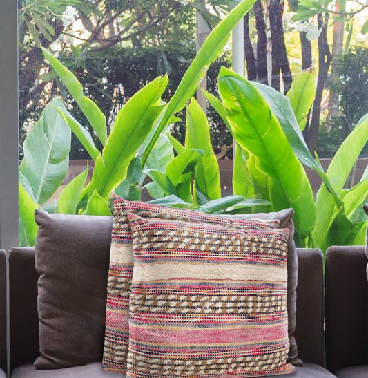 Set of Two 18" Pink And Natural Striped Cotton Blend Throw Pillow Covers