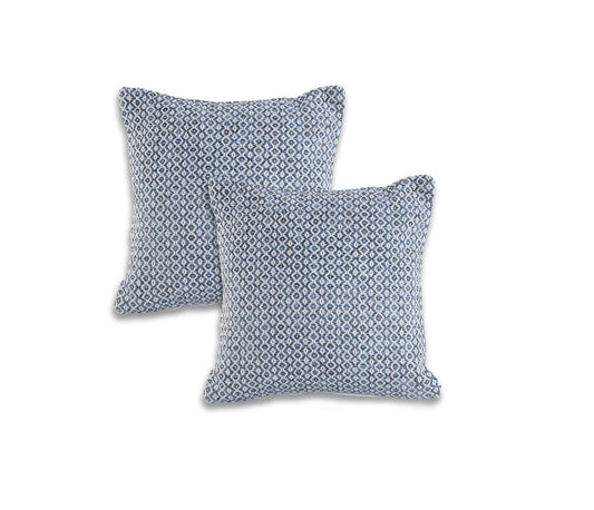 Set of Two 18" X 18" Blue And White Lumbar Geometric Cotton Throw Pillow Covers