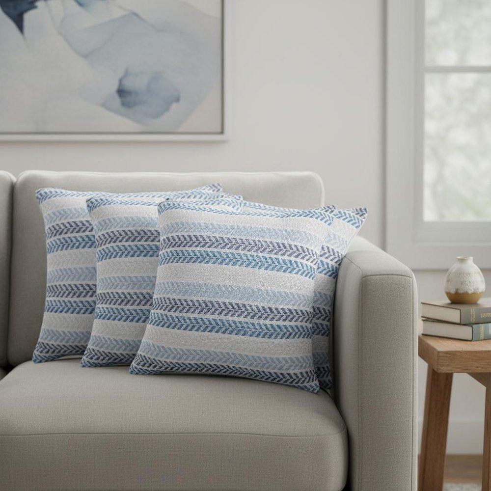Set of Four 18" X 18" Blue And Beige Lumbar Beach Chevron Cotton Throw Pillow Covers