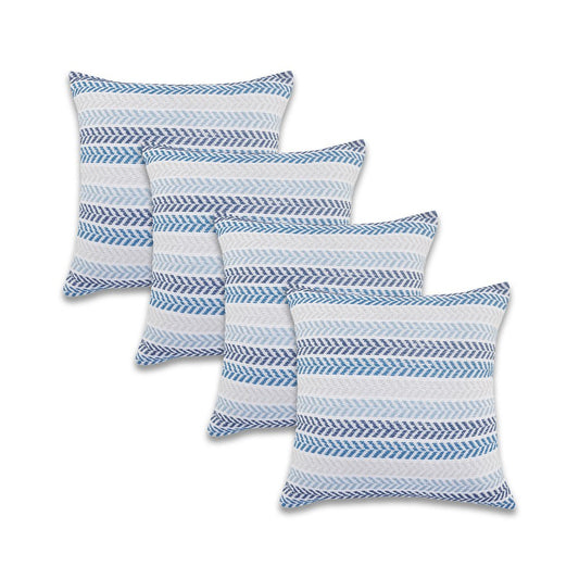 Set of Four 18" X 18" Blue And Beige Lumbar Beach Chevron Cotton Throw Pillow Covers