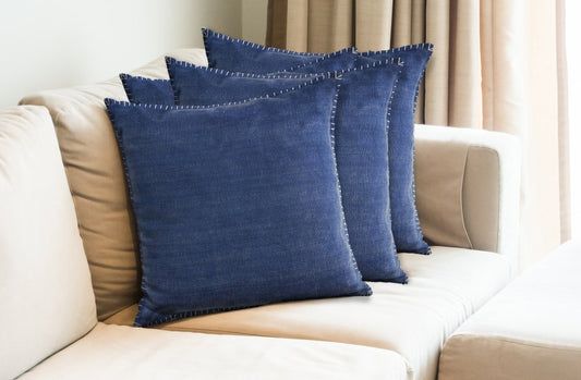Set of Four 22" Blue Cotton Throw Pillow Covers