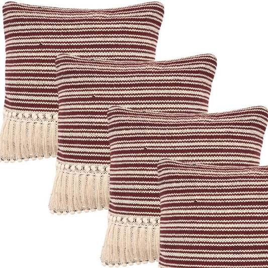 Set of Four 20" X 20" Maroon And Ivory Lumbar Striped Cotton Throw Pillow Covers with Tassels