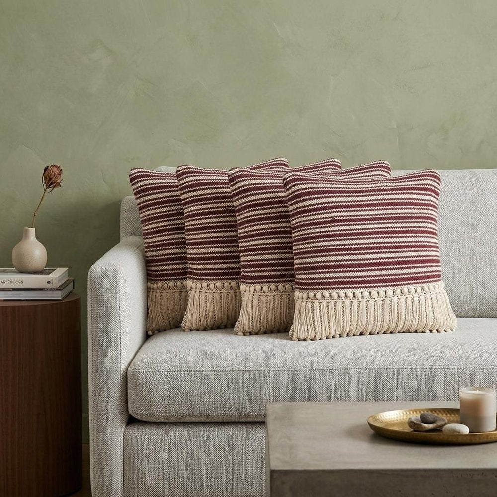 Set of Four 20" X 20" Maroon And Ivory Lumbar Striped Cotton Throw Pillow Covers with Tassels