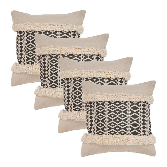 Set of Four 18" X 18" Black And Natural Lumbar Geometric Cotton Throw Pillow Covers with Fringe