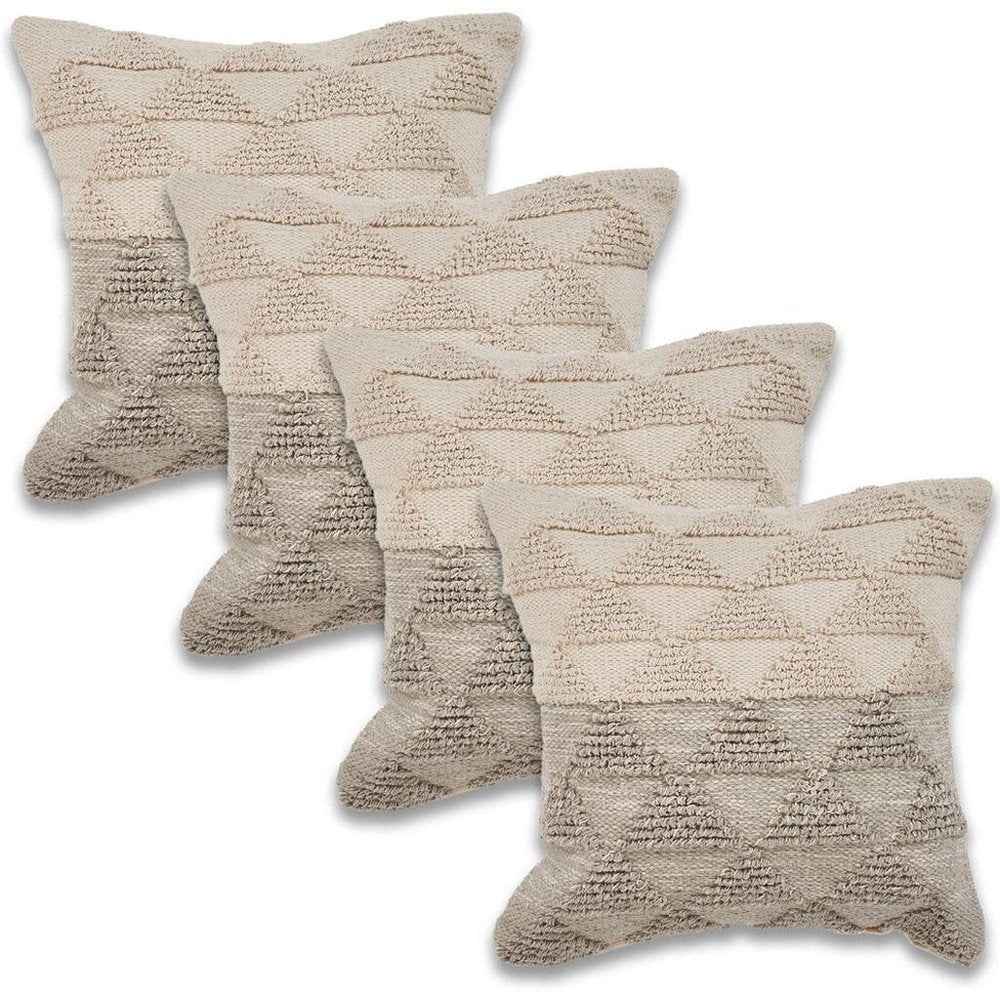 Set of Four 18" Gray And Beige Geometric Cotton Throw Pillow Covers