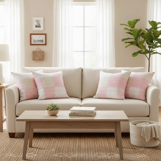 Set of Four 20" Pink And White Patchwork Cotton Throw Pillow Covers