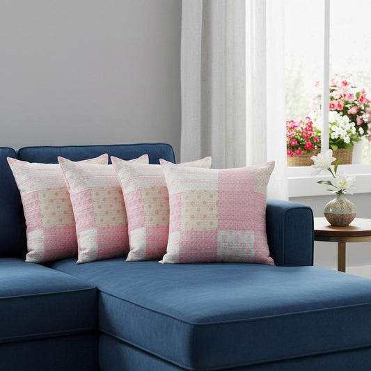Set of Four 20" X 20" Pink And White Lumbar Patchwork Cotton Throw Pillow Covers