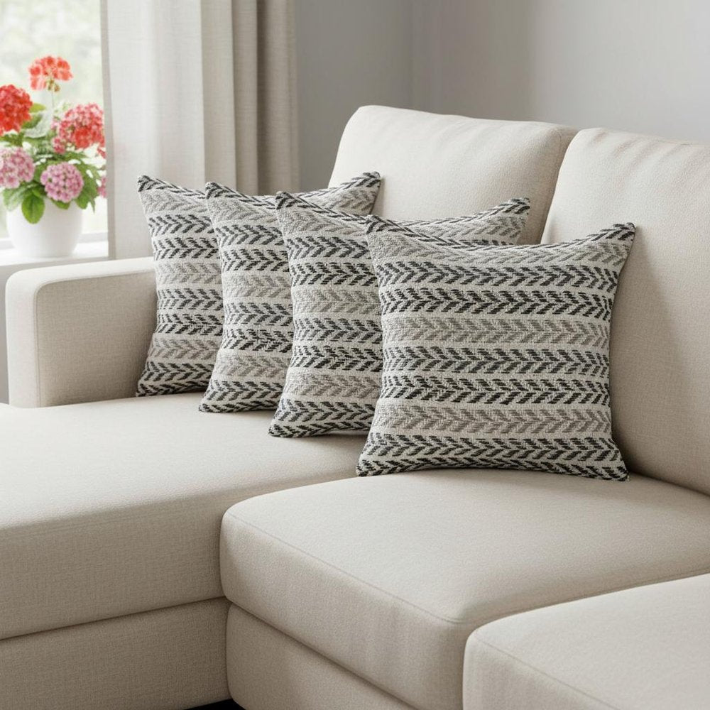 Set of Four 18" Gray And Black Chevron Cotton Throw Pillow Covers
