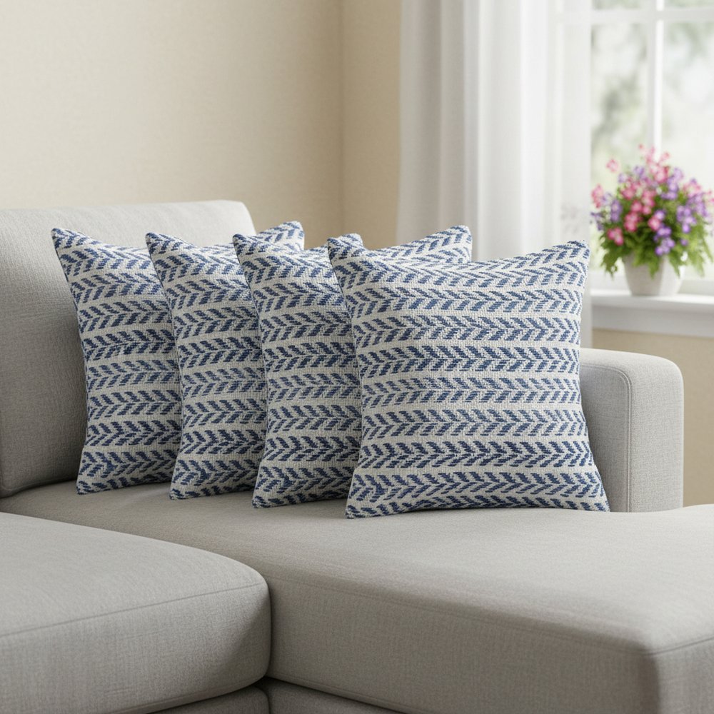 Set of Four 18" Indigo And White Chevron Cotton Throw Pillow Covers