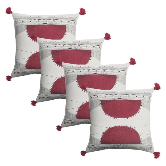 Set of Four 20" X 20" White And Black Lumbar Geometric Cotton Throw Pillow Covers with Tassels