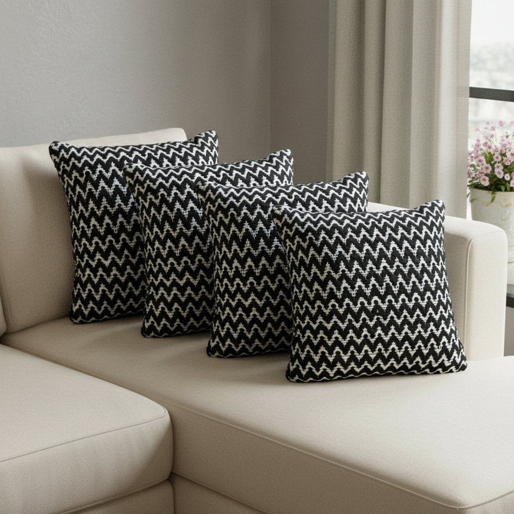 Set of Four 20" Black And White Geometric Polyester Blend Throw Pillow Covers