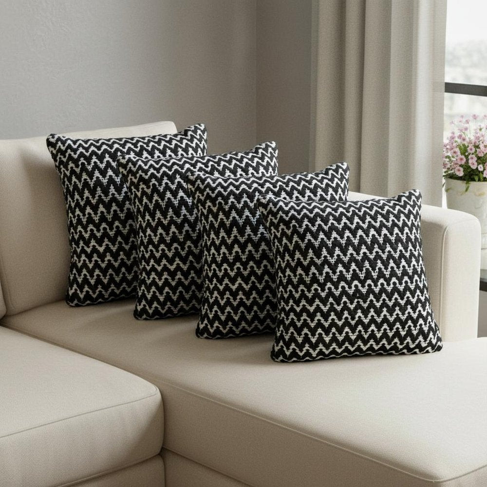 Set of Four 20" X 20" Black And White Lumbar Geometric Polyester Blend Throw Pillow Covers