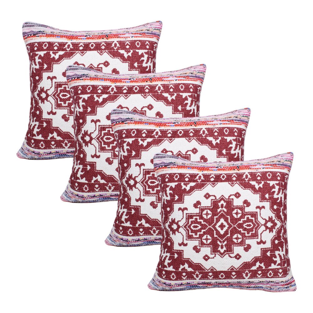 Set of Four 20" Red And White Geometric Cotton Blend Throw Pillow Covers