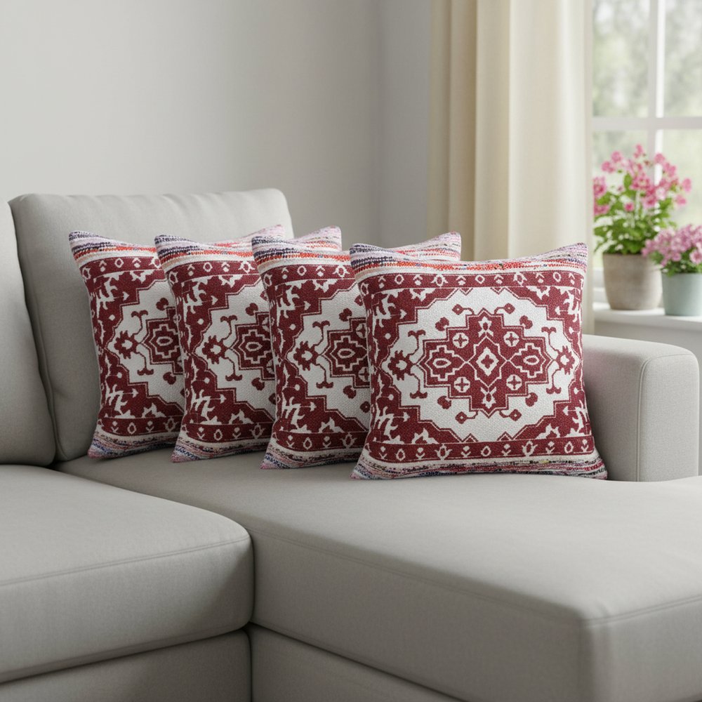 Set of Four 20" Red And White Geometric Cotton Blend Throw Pillow Covers