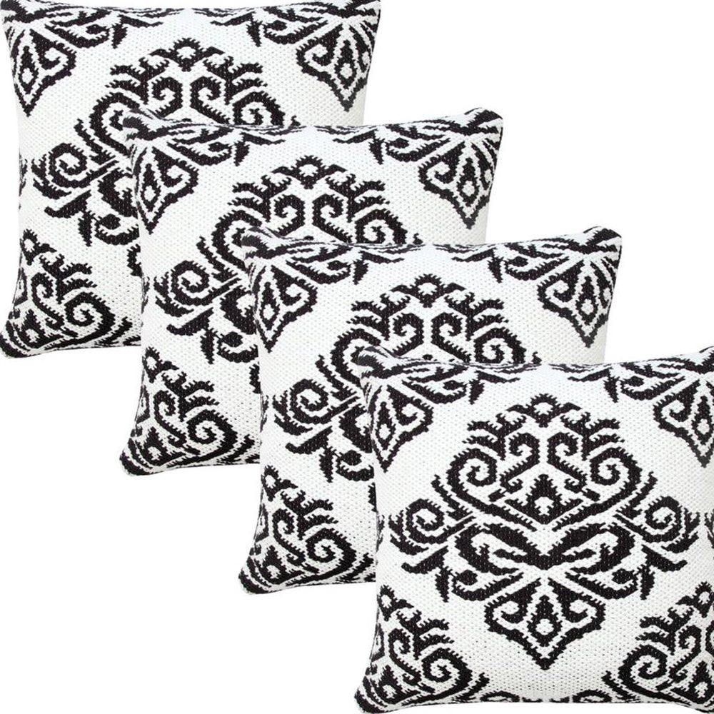 Set of Four 20" White And Black Damask Cotton Blend Throw Pillow Covers