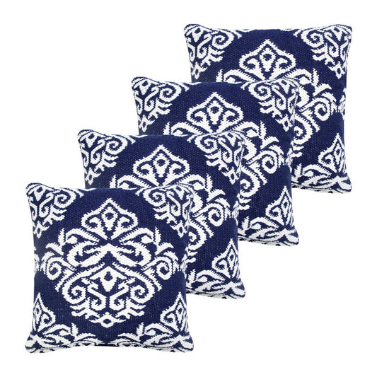 Set of Four 20" X 20" Blue And White Lumbar Damask Cotton Blend Throw Pillow Covers