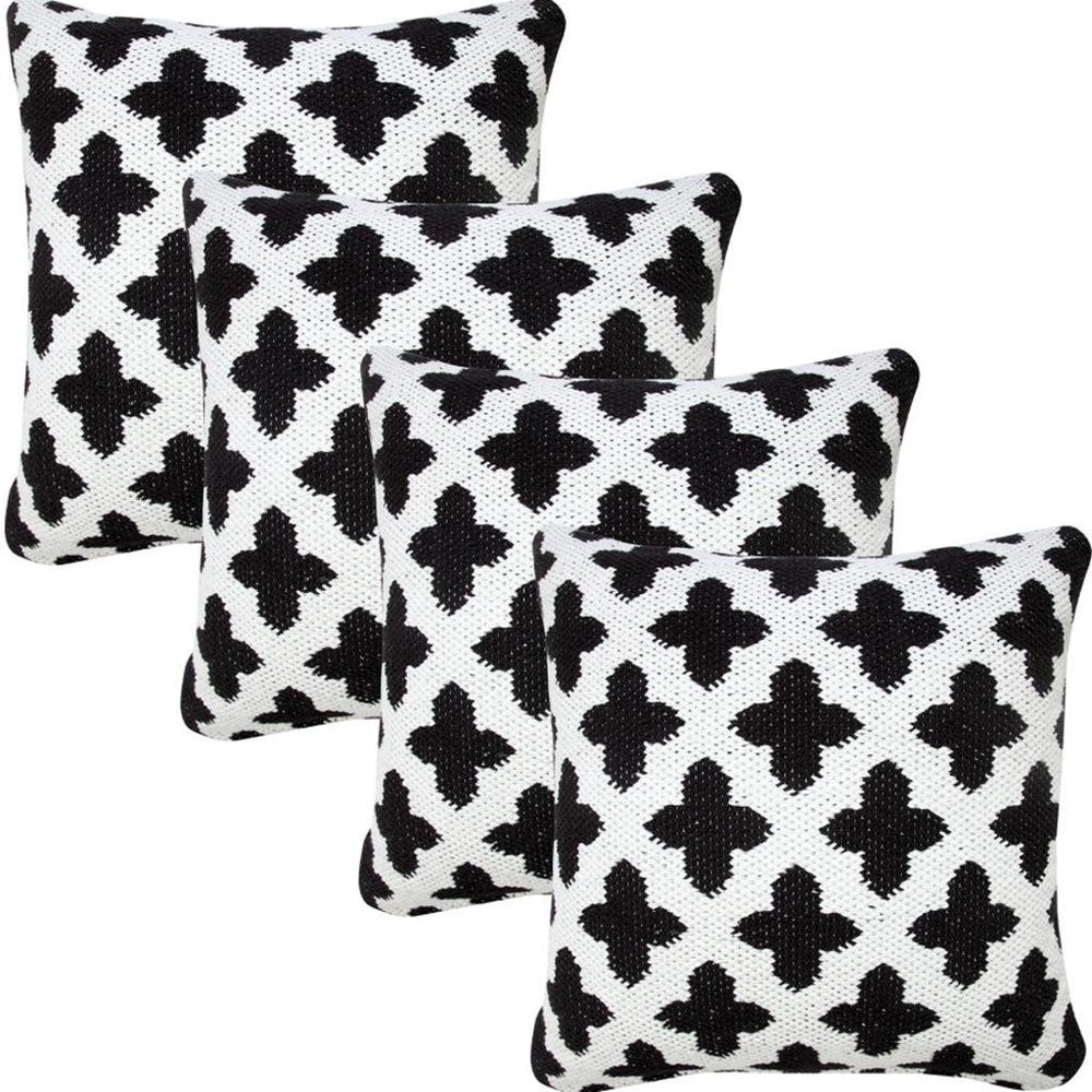Set of Four 20" White And Black Geometric Cotton Blend Throw Pillow Covers
