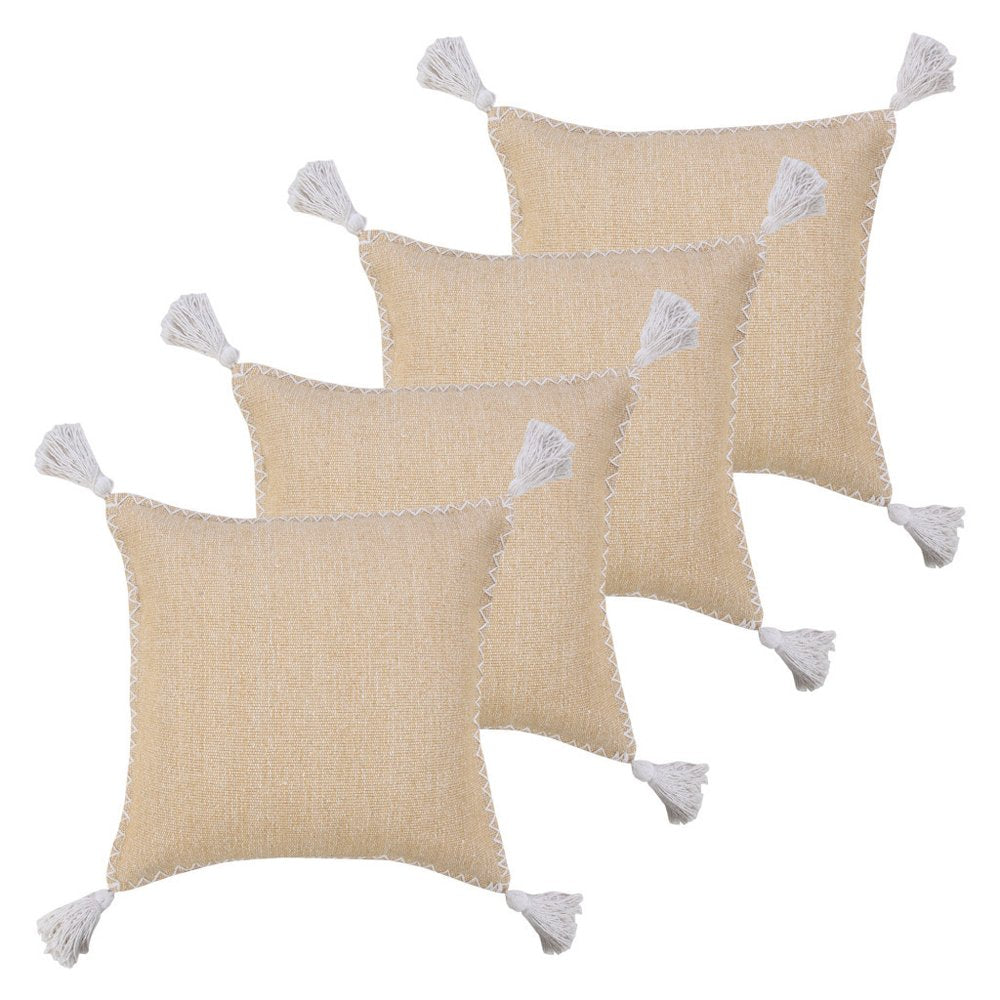 Set of Four 20" Tan And White Geometric Cotton Throw Pillow Covers