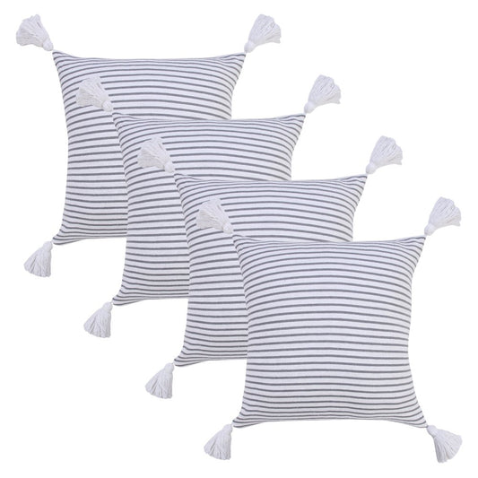 Set of Four 20" X 20" Gray And White Lumbar Striped Cotton Throw Pillow Covers with Tassels