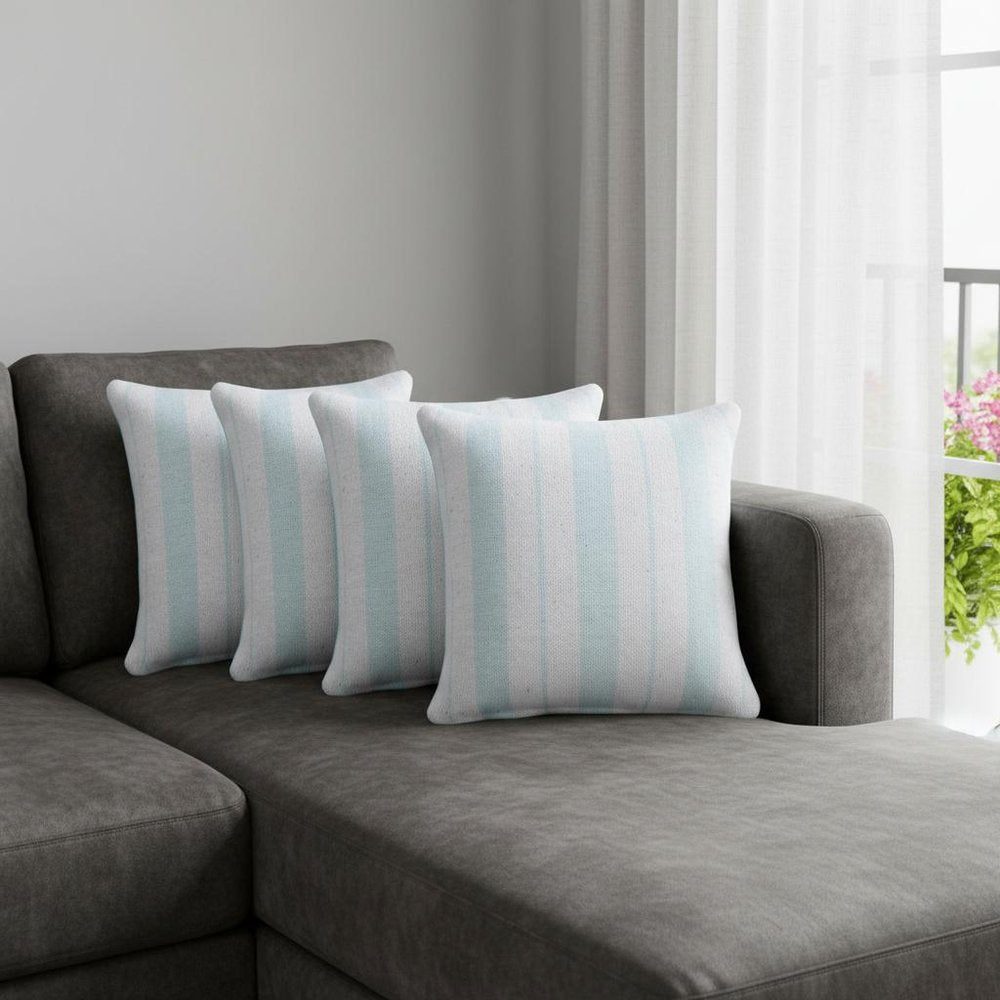 Set of Four 20" X 20" Blue And White Lumbar Beach Striped Cotton Throw Pillow Covers