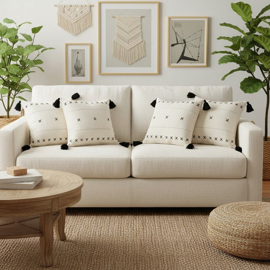 Set of Four 20" Off White And Black Geometric Cotton Throw Pillow Covers