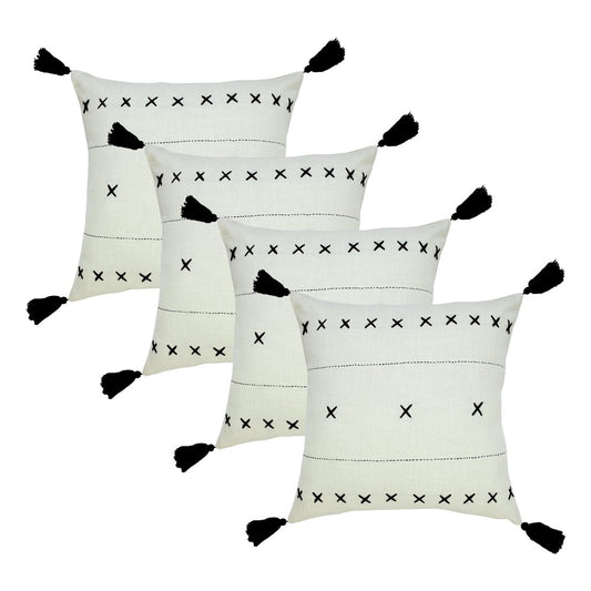 Set of Four 20" X 20" Off White And Black Lumbar Geometric Cotton Throw Pillow Covers with Tassels