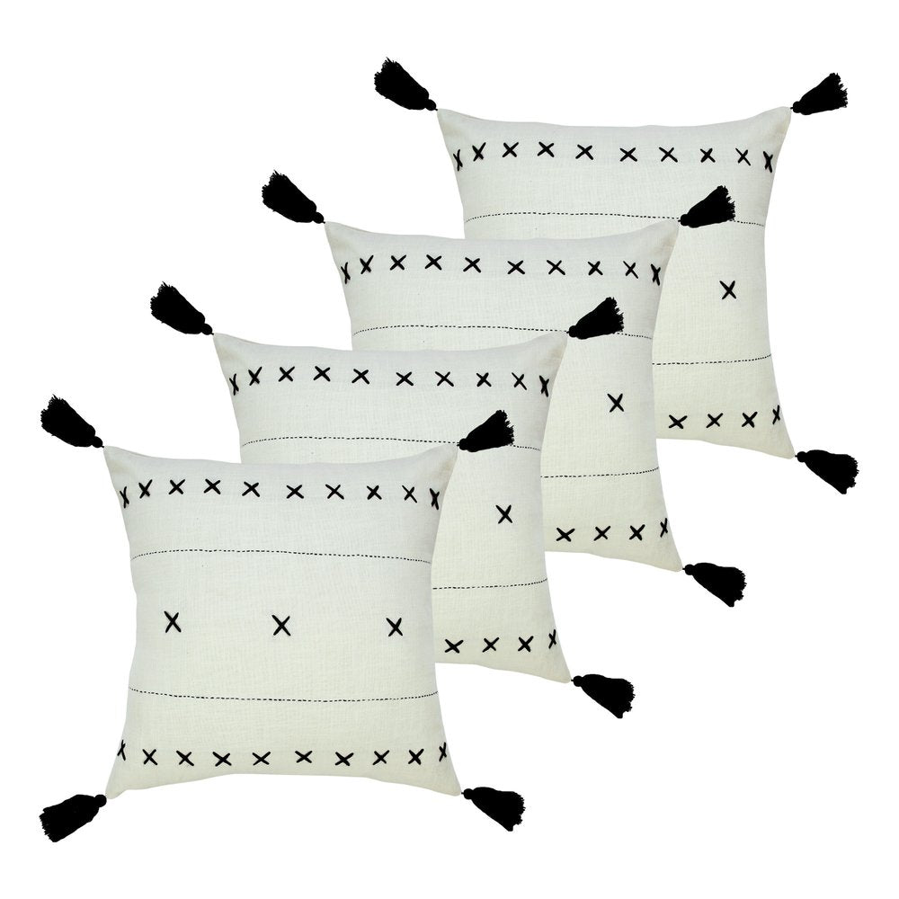 Set of Four 20" Off White And Black Geometric Cotton Throw Pillow Covers