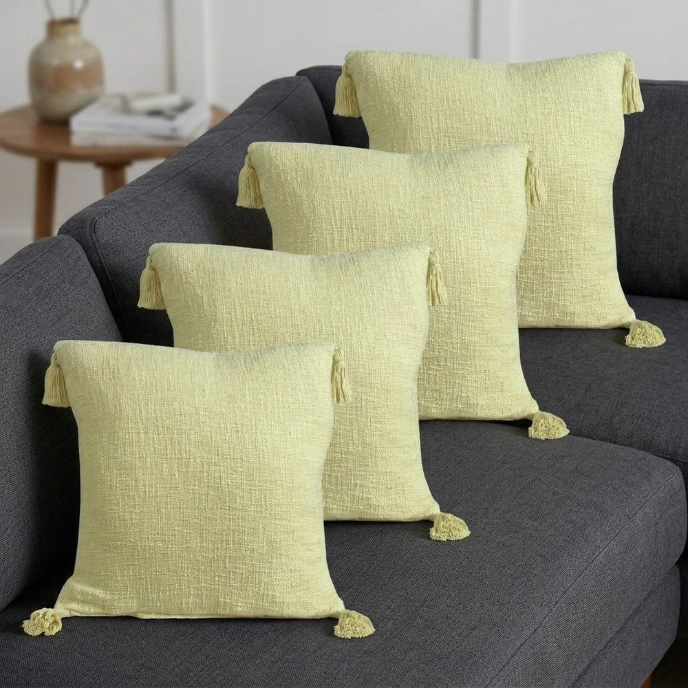 Set of Four 20" X 20" Yellow Lumbar Cotton Throw Pillow Covers with Tassels