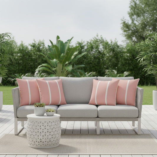 Set of Four 20" Pink And Off White Striped Recycled Poly Linen Throw Pillow Covers