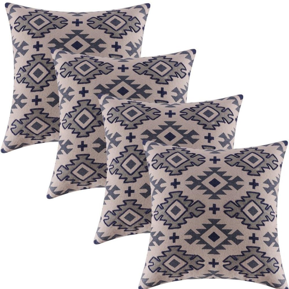 Set of Four 20" Blue And Gray Geometric Cotton Throw Pillow Covers