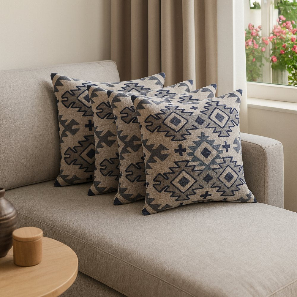 Set of Four 20" Blue And Gray Geometric Cotton Throw Pillow Covers