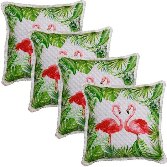 Set of Four 20" X 20" Green And Pink Lumbar Flamingo Beach Zebra Print Throw Pillow Covers