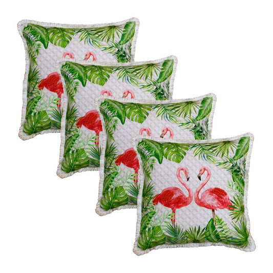 Set of Four 20" X 20" Green And Pink Lumbar Flamingo Beach Zebra Print Throw Pillow Covers