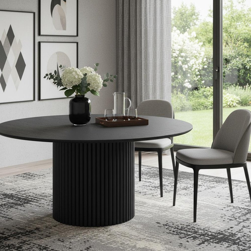 60" Black Wood Pedestal Base Round Top Dining Table