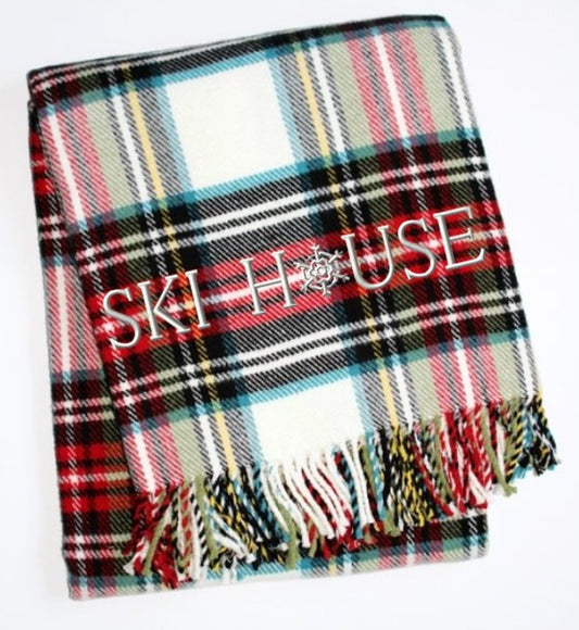 55" X 70" Black Red And White Plaid Cotton Blend Ski House Embroidered Throw Blanket with Fringe